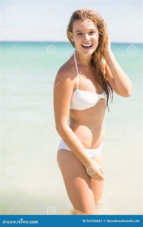 Happy Pretty Blonde Looking At Camera Into The Sea Stock Image Image Of Bikini Happy