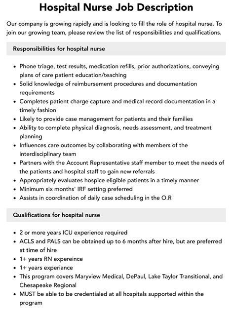 Hospital Nurse Job Description Velvet Jobs