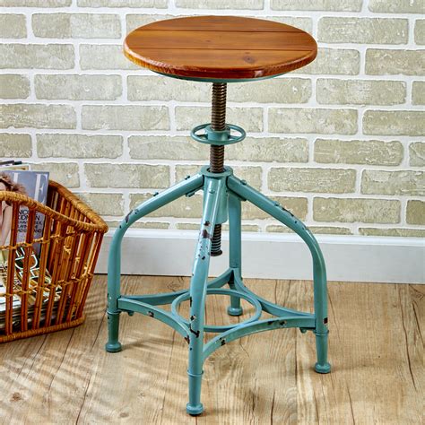 Industrial Stool with Adjustable Height and Distressed Finish - Teal 