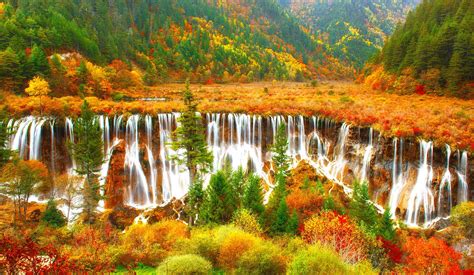 Colorful Nature Cascades Beautiful Autumn View Mountain Waterfall Trees