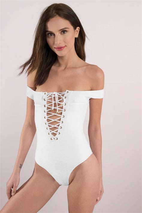 Blue Life Lace Up White Off Shoulder One Piece Swimsuit Tobi Us