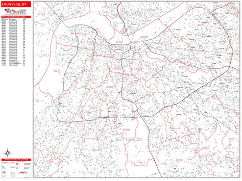 Louisville Kentucky Zip Code Wall Map Red Line Style By