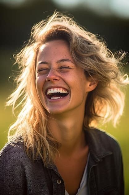 Premium AI Image A Closeup Stock Photo Of Beautiful Woman Laughing While Standing Outside On A
