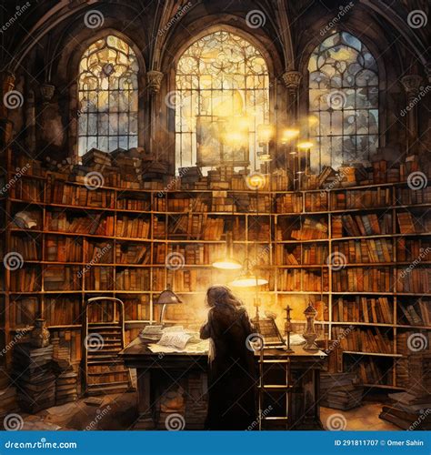 Vintage Watercolor Painting of a Dimly Lit Library with Antique Books