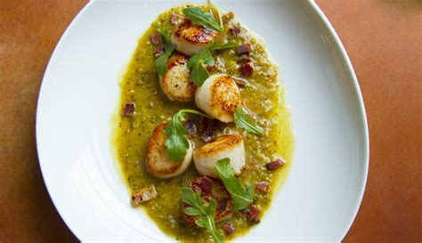 Seared Sea Scallops With Roasted Tomatillos And Green Olives Rick Bayless