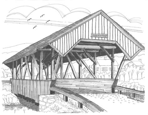 Chamberin Mill Covered Bridge Drawing By Richard Wambach