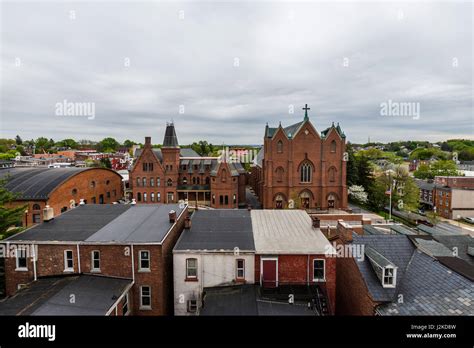 Aerial Of Historic Downtown Lancaster Pennsylvania With Blooming Trees