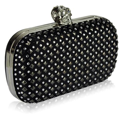 Wholesale Black Stud Clutch Bag With Crystal Encrusted Skull Clasp