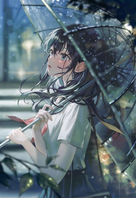 Wallpaper Anime Girls Umbrella Schoolgirl School Uniform Rain