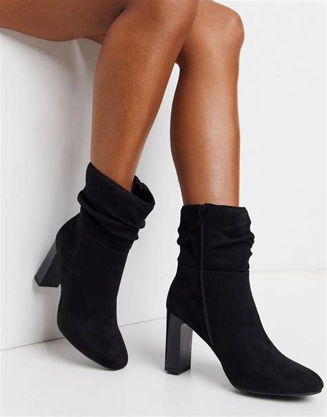 lipsy faux suede slouch heeled boot in black modesens