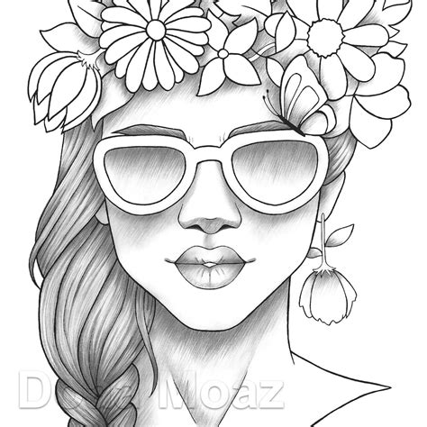 Adult Coloring Page Girl Portrait Colouring Sheet Flower Crown Pdf Printable Anti Stress