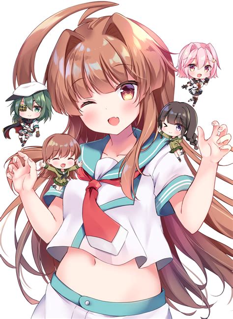 Safebooru Girls Ahoge Aqua Sailor Collar Brown Eyes Brown Hair Chibi