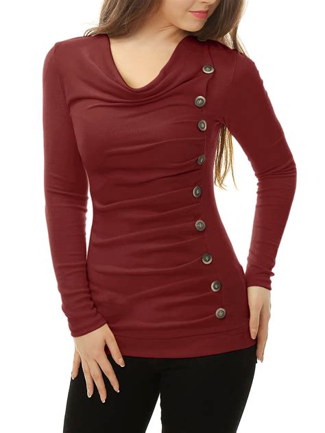 Unique Bargains - Unique Bargains Women's Pullover Cowl Neck Long Sleeve Side Ruched Tunic Top ...
