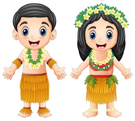 Pareja Hawaiana De Dibujos Animados Vistiendo Trajes Tradicionales
