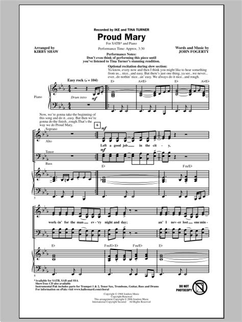 Partition Chorale Proud Mary De Tina Turner Satb