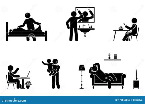 Stick Figure Man Activities Vector Icon Making Bed Brushing Hair