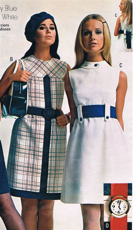 Penneys Catalog 60s Mod Mini Dress Space Age Belt Sleeveless Shift White Blue Plaid Solid Models