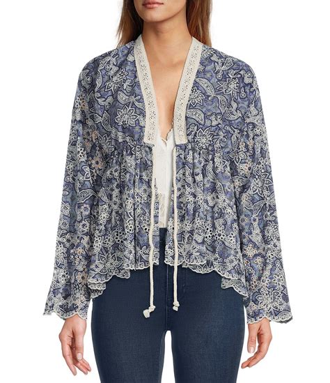Free People Anissa Bed Floral Print Embroidered Scalloped Hem Tie Front Jacket Dillard S