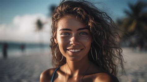 Premium Ai Image A Woman With Curly Hair Smiles On A Beach