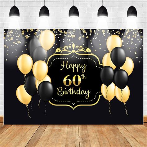 Happy 60th Birthday Backdrop Black Yellow Balloon Background Gold Light