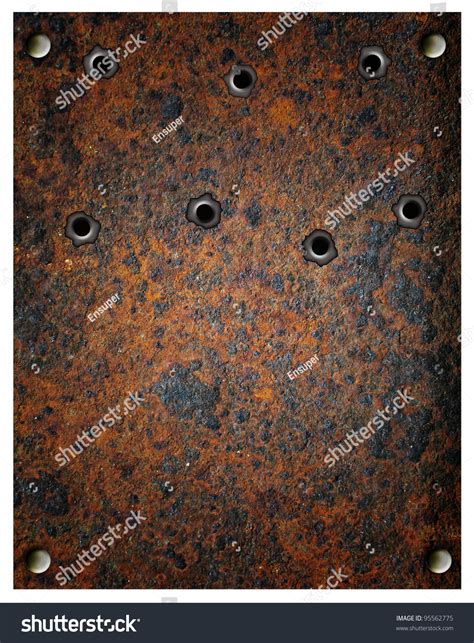 Bullets Holes, Rusty Metal Plate With Bullets Holes Stock 