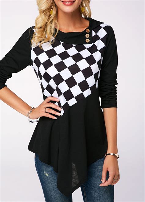 asymmetric hem long sleeve black t shirt trendy tops for women plaid outfits clothes