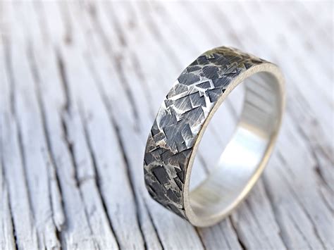 Buy A Custom Unique Silver Ring With Square Hammered Pattern Made To
