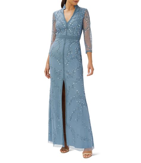 Adrianna Papell Beaded Illusion V Neck Jeweled 34 Illusion Sleeve Gown