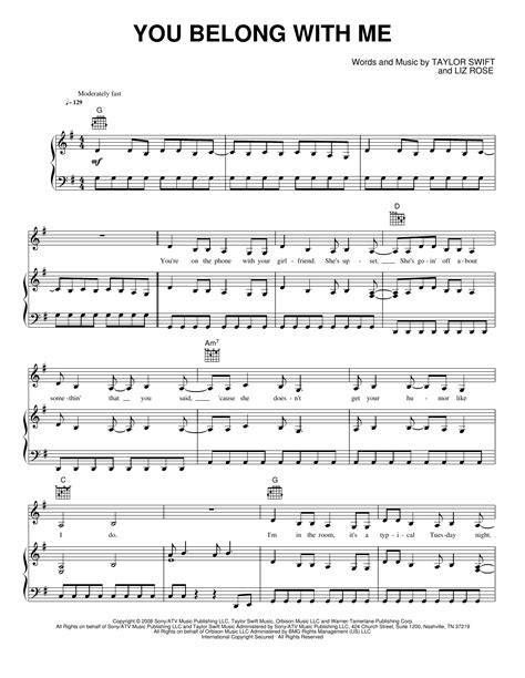 You Belong With Me Sheet Music By Taylor Swift For Pianokeyboard And