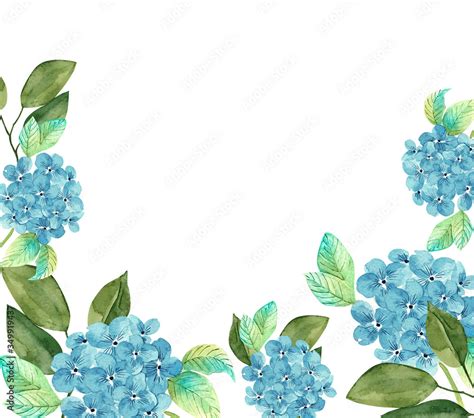Frame Of Blue Hydrangea Flowers Watercolor Illustration Border On A