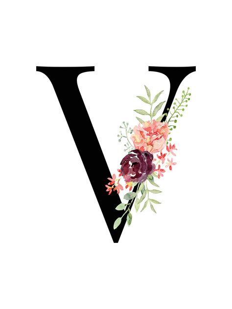 Letter V Floral Alphabet Instant Digital Download Monogram