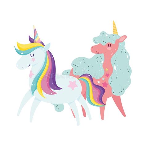 Unicorns Cartoon Animals Rainbow Stars Adorable Fantasy Stock Vector