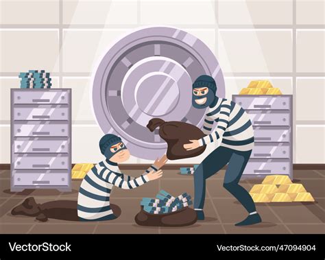 Cartoon Bank Robbery Robbers Steal Money Gold Vector Image