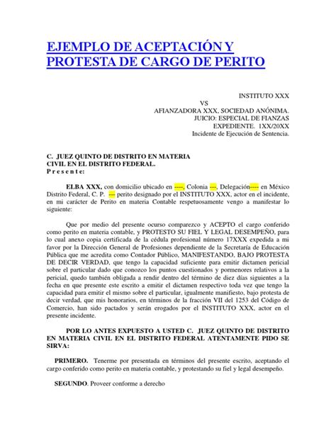 Ejemplo De Aceptación Y Protesta De Cargo De Perito Pdf