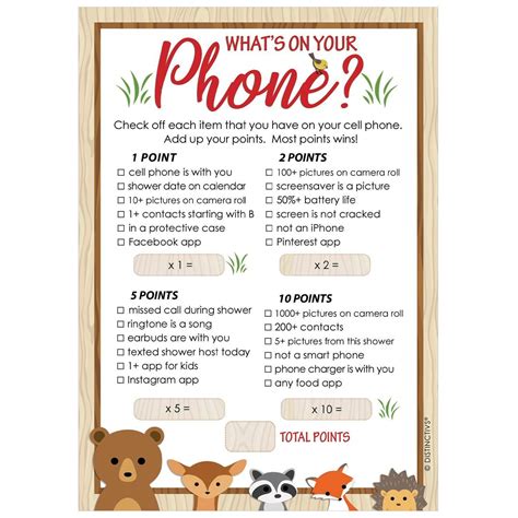 How many games should be played at a baby shower, and what are good prizes for baby shower games? woodland what's on your phone baby shower game cards - 20 ...