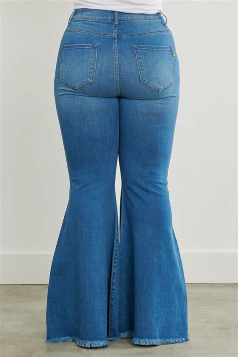 Vibrant High Waisted Plus Size Frayed Bell Bottom Jeans Medium Denim