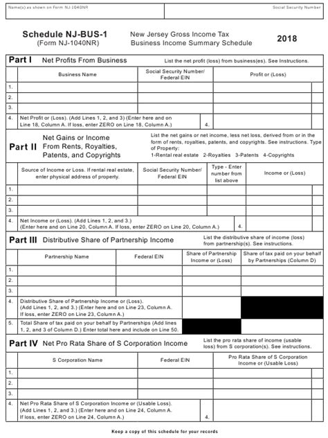 Form Nj 1040nr Schedule Nj Bus 1 2018 Fill Out Sign Online And