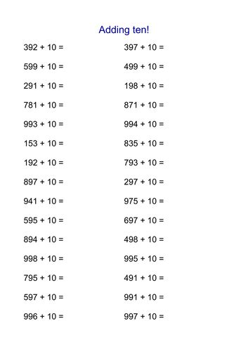 Adding 10 And 100 To 3 Digit Numbers Worksheet