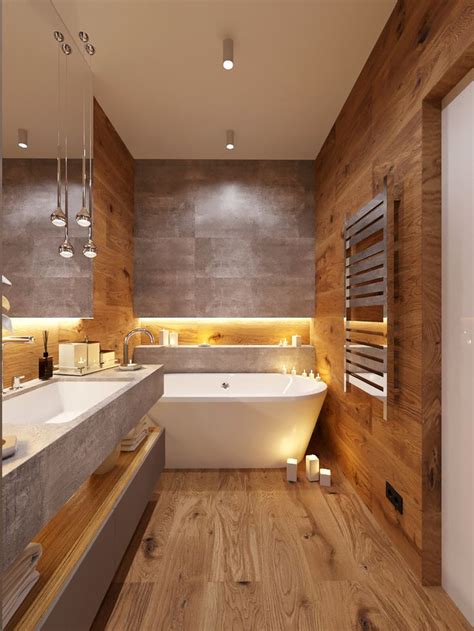 A Modern Bathroom With Wooden Walls And White Bathtub Next To Two Sinks