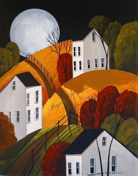 Original Painting Folk Art Landscape Autumn Full Moon Saltbox White
