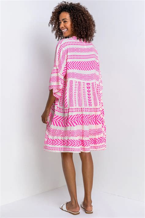 Aztec Print Tiered Beach Dress In Pink Roman Originals Uk