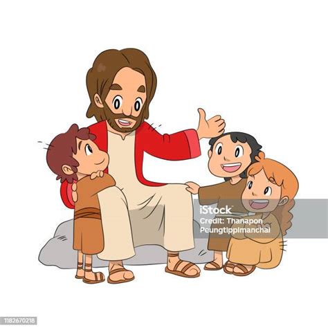 Ilustración De Una Hermosa Caricatura De Jesús Hablando Con Los Niños Y