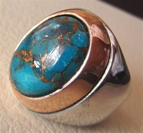 Copper Turquoise Natural Stone Men Sterling Silver 925 Ring Etsy 925