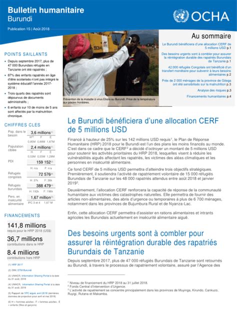 burundi bulletin humanitaire publication 15 août 2018 burundi reliefweb