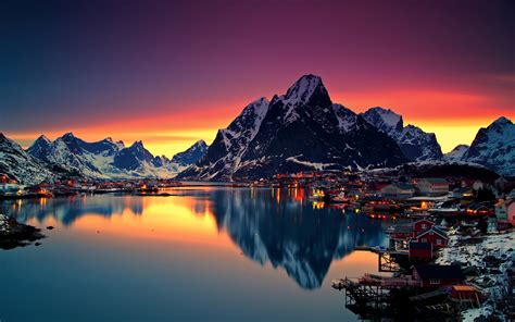 Download Norway Town Mountains Dawn Lake Reflections Wallpaper