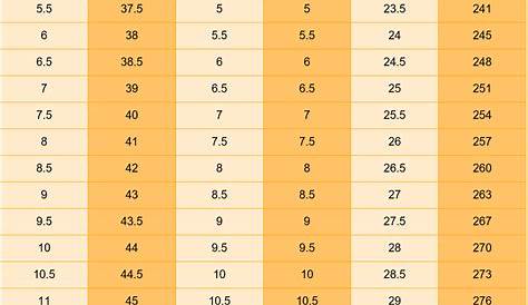 sports shoes size chart