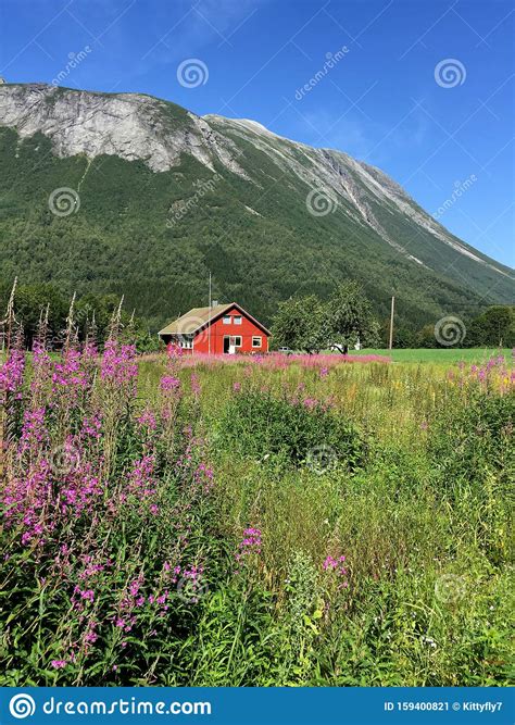 Beautiful Mountain Landscape With A Cute Red Scandinavian