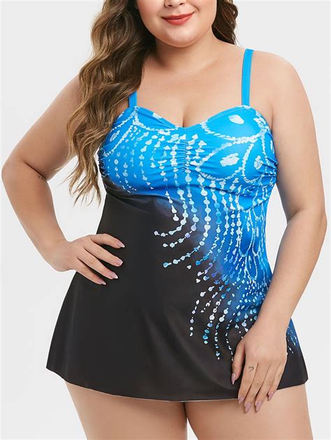 Off Printed Ruched Plus Size Tankini Swimsuit In Ocean Blue