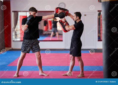 Kickboxing Fighter Hitting Pads With Trainer Stock Photo Image Of