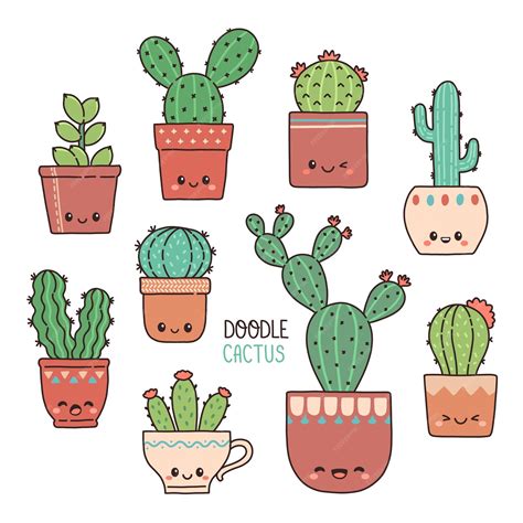 Premium Vector Cute Cactus Doodle Set Kawaii Succulents With Funny